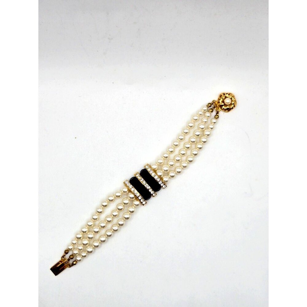 VTG Faux Pearl, Rhinestone and Black Beaded triple strand Bracelet Marked Silver